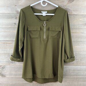 Rebecca Malone Womens Blouse 3/4 Sleeve Zip Neck Pockets Versatile  Modern Large